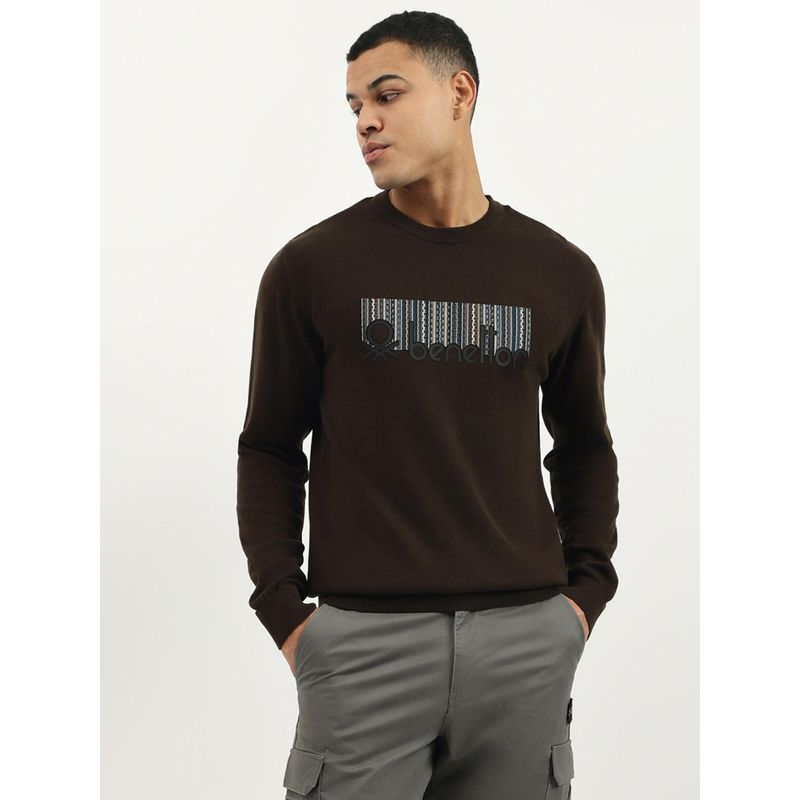 United Colors of Benetton Brown Regular Fit Crew Neck Applique Sweater (XL)