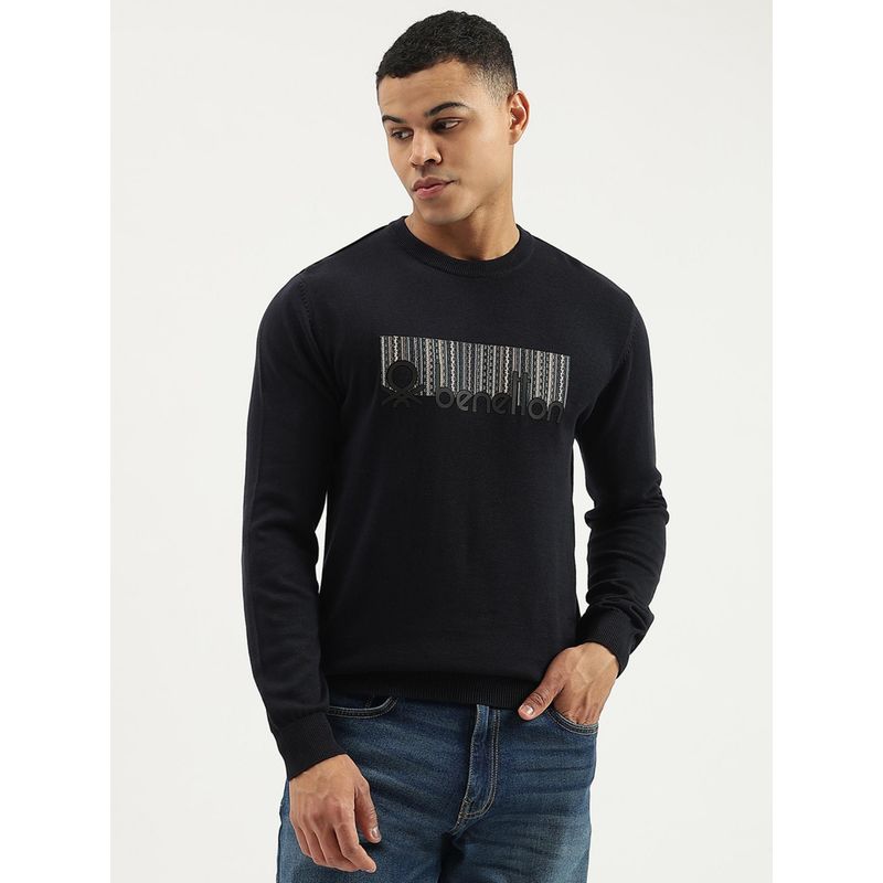 United Colors of Benetton Navy Blue Regular Fit Crew Neck Printed Sweater (M)