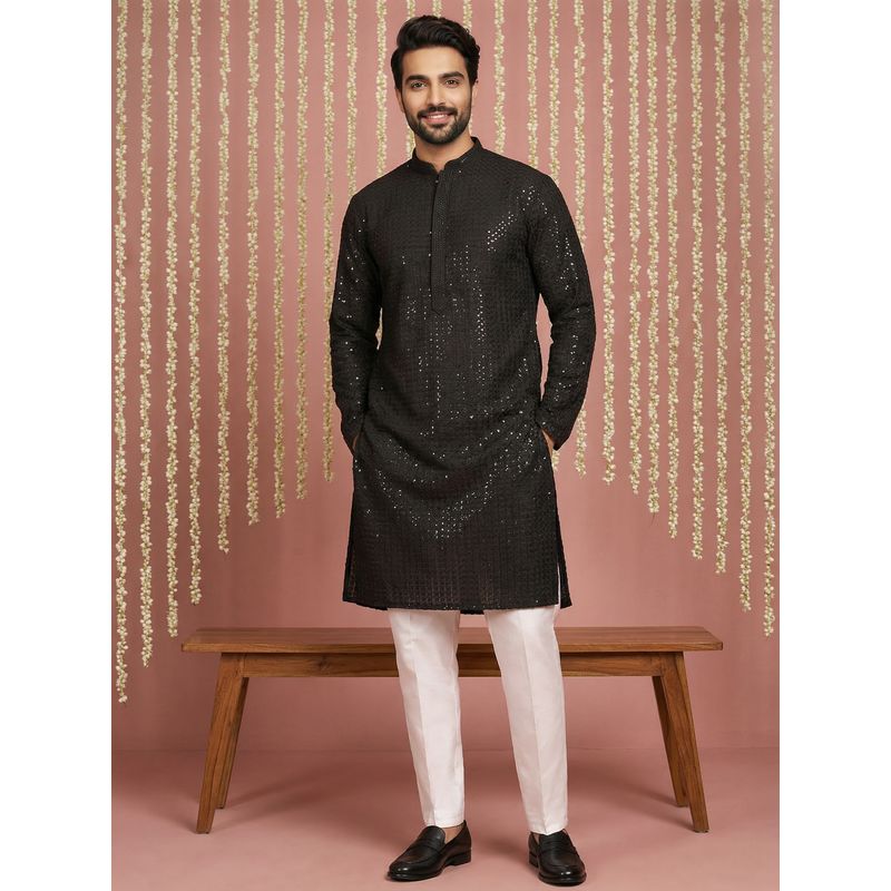 Jompers Men Black Viscose Rayon Embellished Straight Kurta with Pyjama (L)