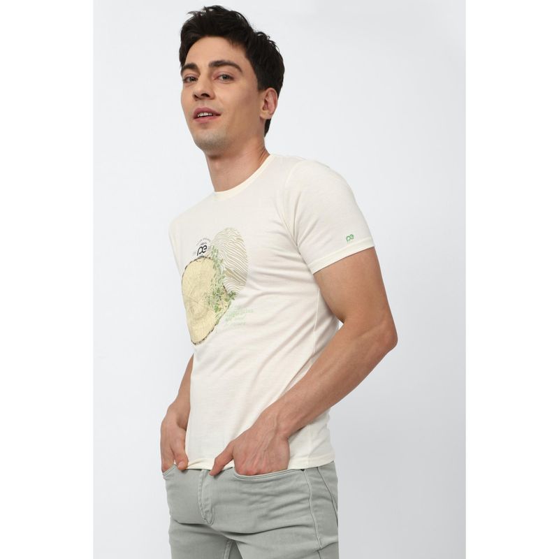 Peter England Men Cream Graphic Print Round Crew Neck Graphic T-Shirts (M)