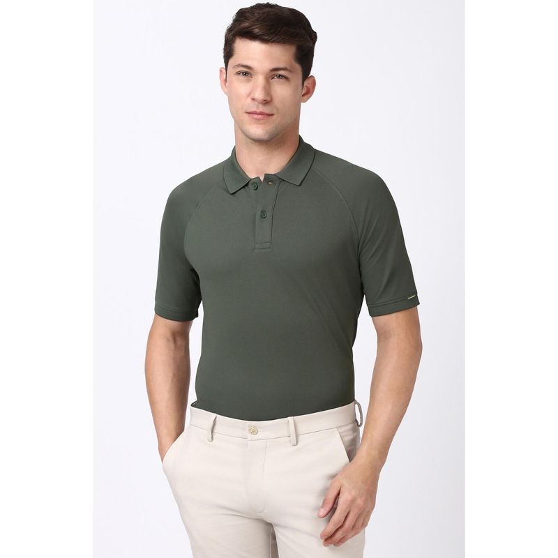 Peter England Men Green Textured Polo Neck Polo T-Shirts (L)