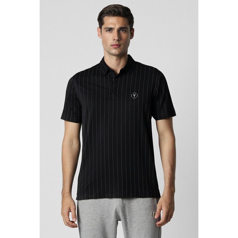 Van Heusen Men Black Stripe Polo Neck T-Shirt (S)