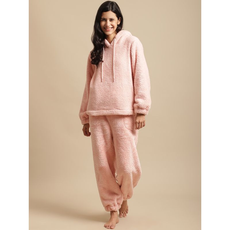 Secret Wish Women Light Pink Faux Fur Night Suit (Set of 2) (L)