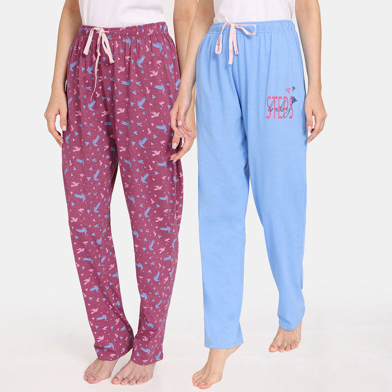 Zivame Rosaline Bloom Fest Knit Cotton Pyjama - Purple Blue (Pack of 2) (M)