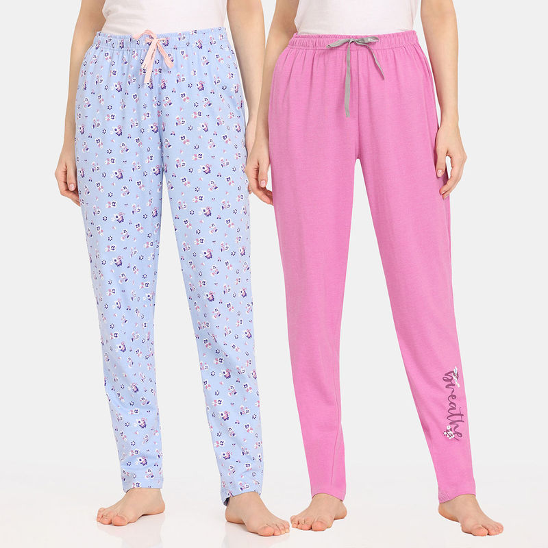 Zivame Rosaline Bloom Fest Knit Cotton Pyjama - Blue Pink (Pack of 2) (M)