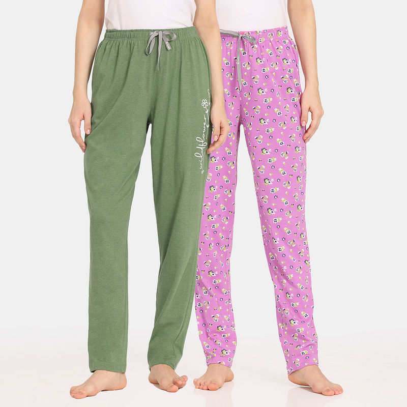 Zivame Rosaline Bloom Fest Knit Cotton Pyjama - Purple Green (Pack of 2) (S)