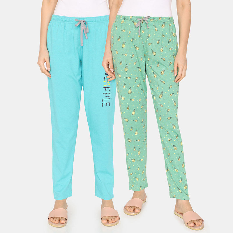 Zivame Rosaline Joy Sticks Knit Cotton Pyjama - Green Blue (Pack of 2) (M)