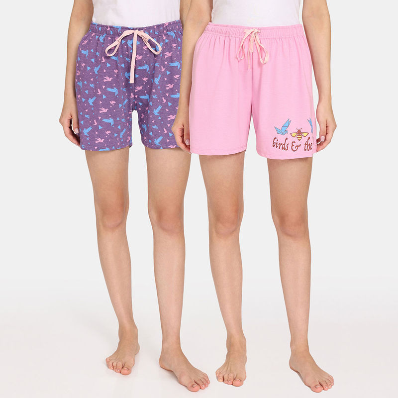 Zivame Rosaline Joy Sticks Knit Cotton Shorts - Purple Pink (Pack of 2) (S)
