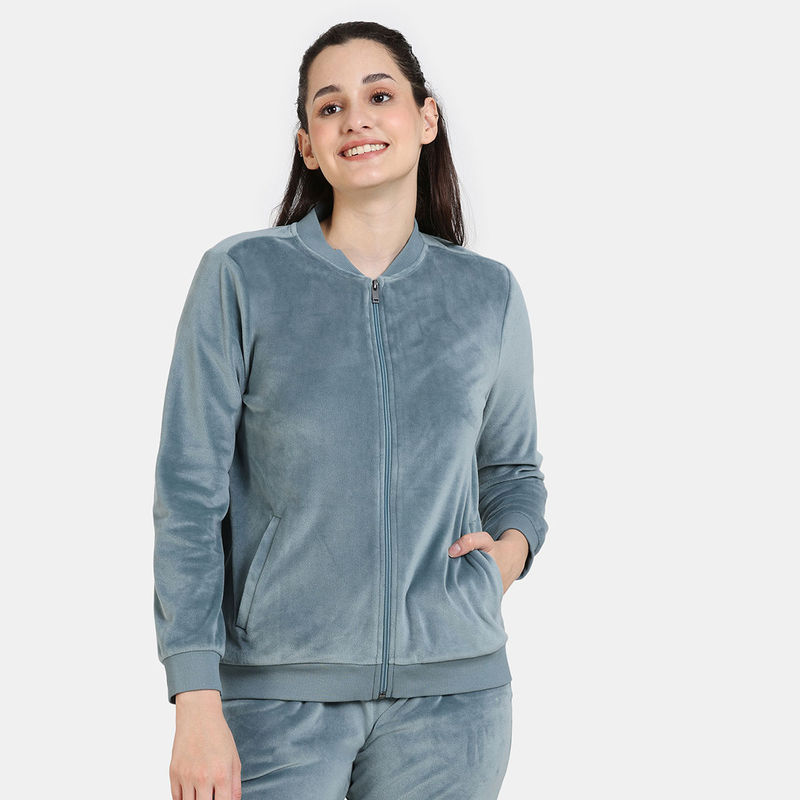 Zivame Velour Knit Poly Loungewear Top - Mineral Blue (L)