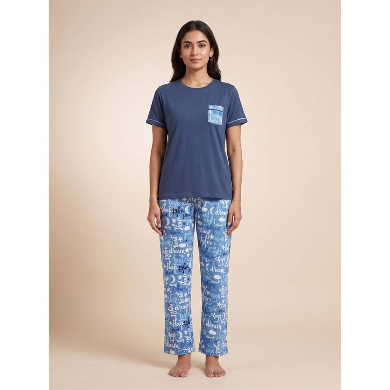 FABLUSH Women Blue Viscose Top with Pyjama (L)