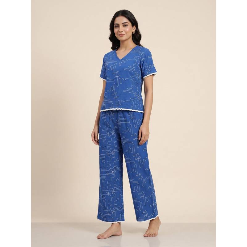 FABLUSH Women Blue Cotton Blend Top with Pyjama (M)