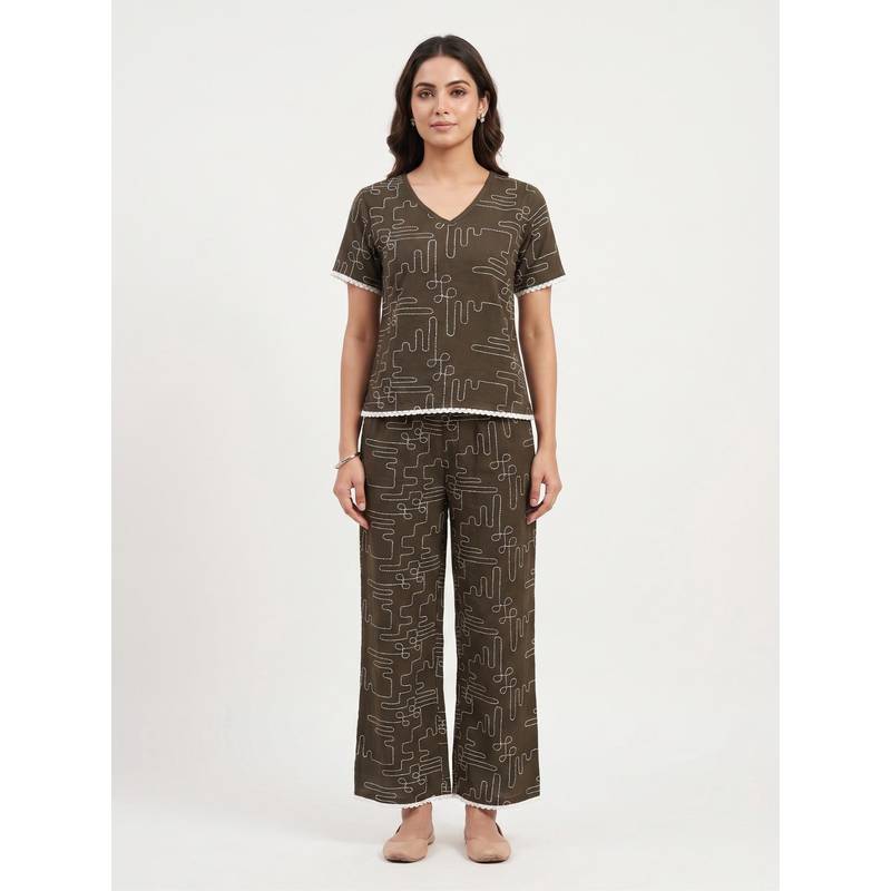 FABLUSH Women Green Cotton Blend Top with Pyjama (L)