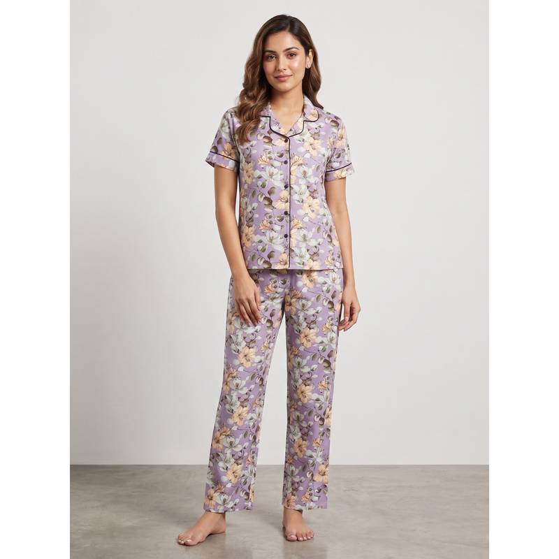 FABLUSH Women Purple Rayon Shirt with Pyjama (2Xl)