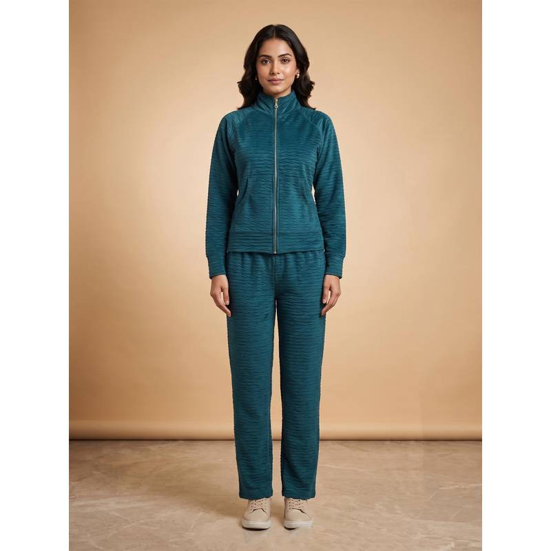 FABLUSH Women Teal Velour Sweatshirt with Pyjama (S)