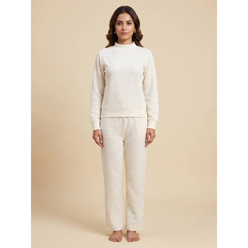 FABLUSH Women Off White Cotton Sweatshirt with Pyjama (S)