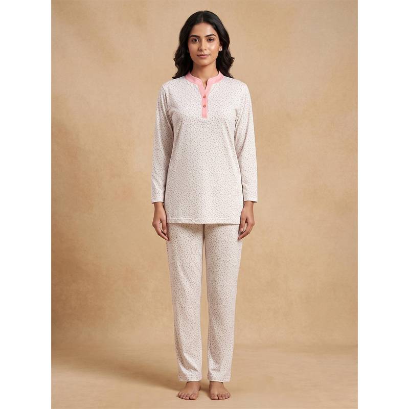 FABLUSH Women Off White Cotton Top with Pyjama (S)