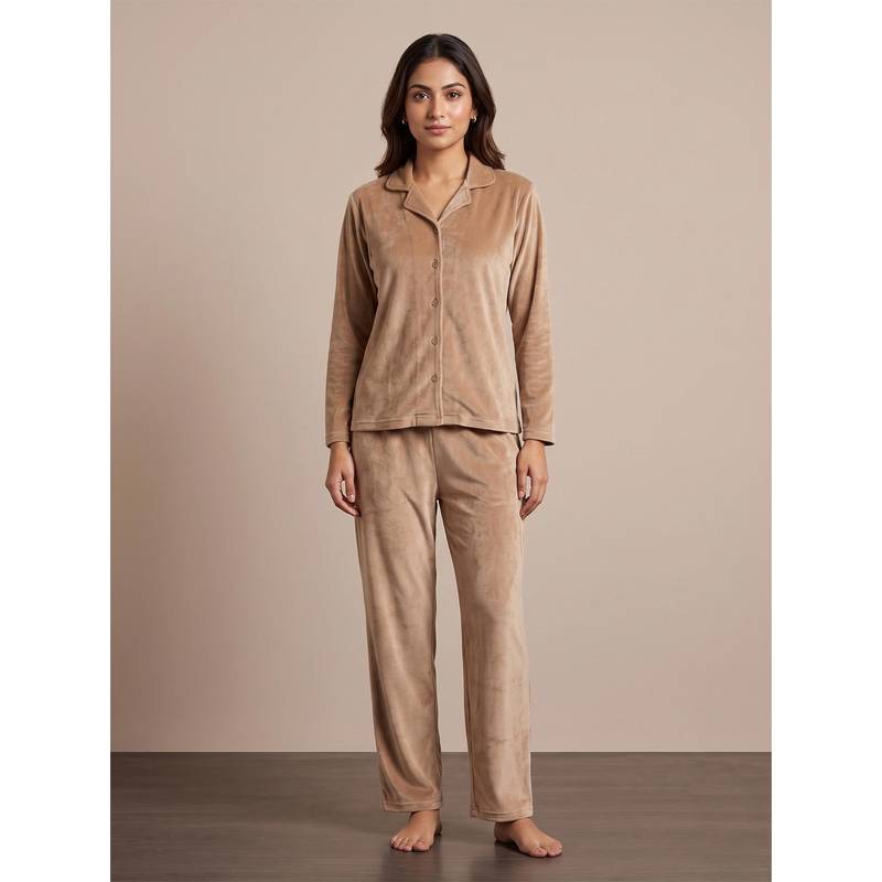 FABLUSH Women Beige Velour Shirt with Pyjama (M)