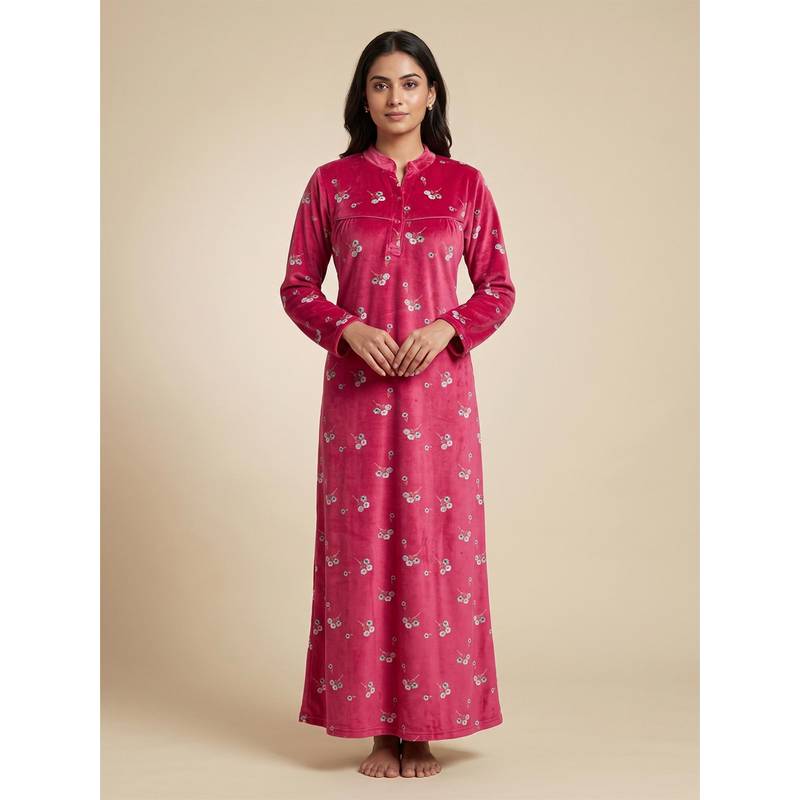 FABLUSH Women Red Velour Nightdress (M)