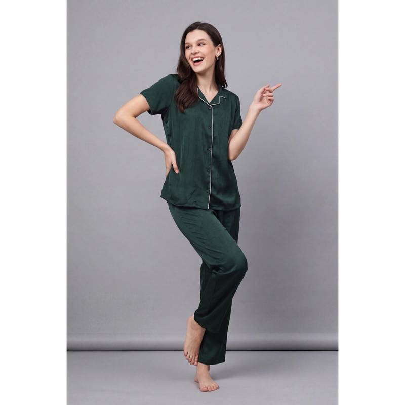 JULIANA DREAM Women Green Satin Shirt with Pyjama (L)