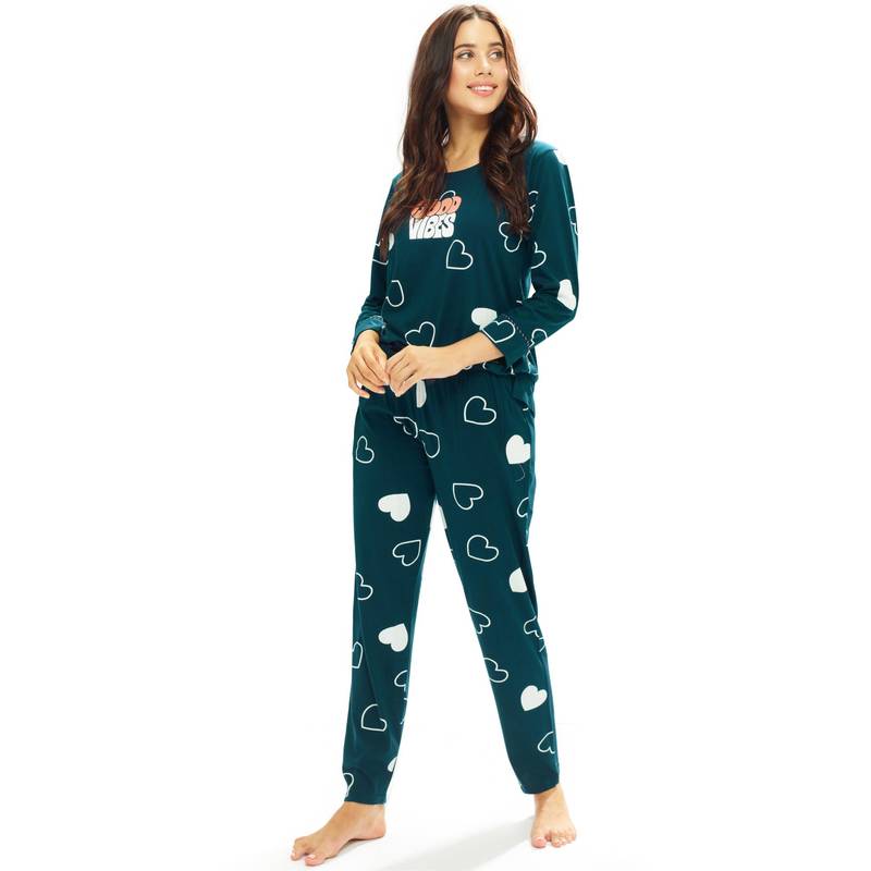 LOTIK Women Teal Cotton Top with Pyjama (S)