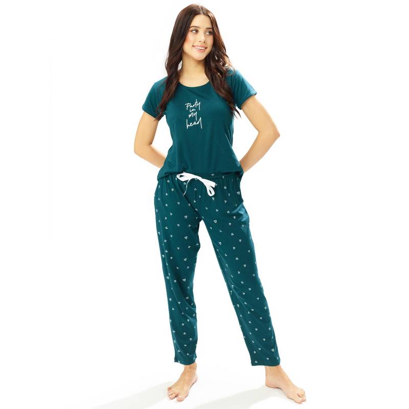 LOTIK Women Teal Cotton T-Shirt with Pyjama (M)