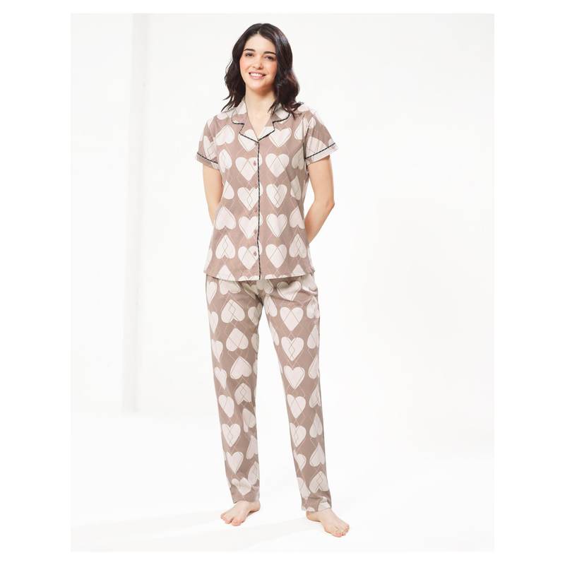 LOTIK Women Brown Cotton Shirt with Pyjama (S)