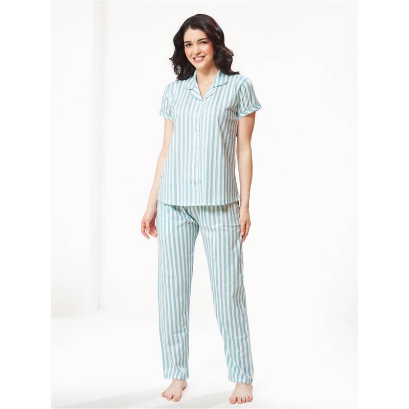LOTIK Women Blue Cotton Shirt with Pyjama (S)