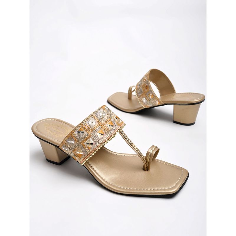 Shoetopia Classic Golden Kolhapuri Heels for Women (EURO 41)