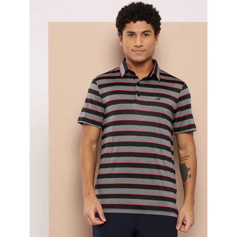Alcis Black Men Striped Polo Collar Dry Tech Golf T-Shirt (L)