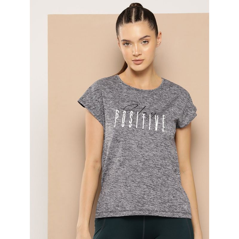 Alcis Grey Women Typography Printed Dry Tech Comfortable Fit Running T-Shirt (L)