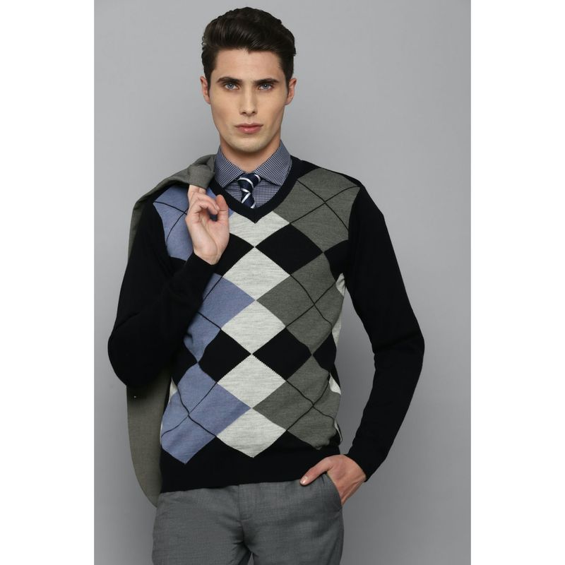 Louis Philippe Men Black Check V Neck Full Sleeves Sweater (S)