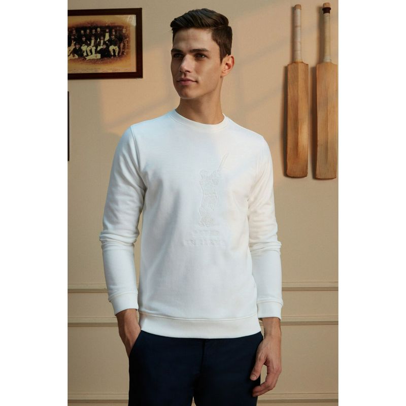 Peter England Men White Embroidered Crew Neck Sweatshirt (L)