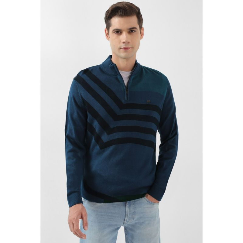 Peter England Men Navy Print Stylized Neck Sweater (M)