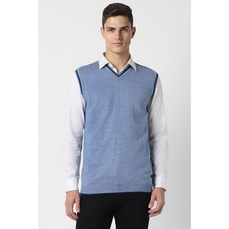 Peter England Men Blue Solid V Neck Sweater (M)