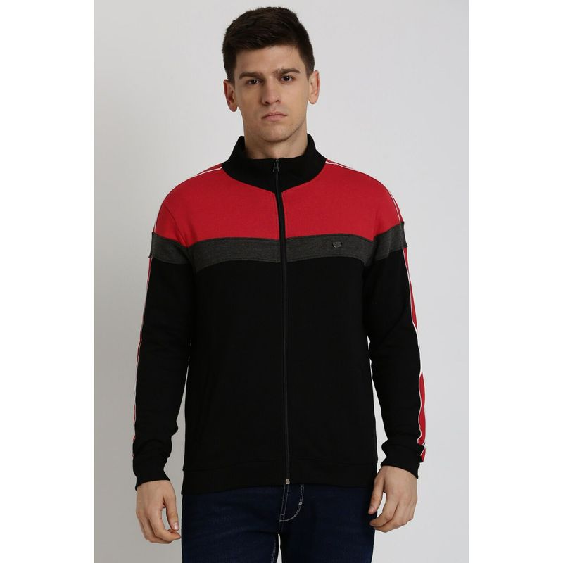 Peter England Men Black Colorblock Stylized Neck Sweatshirt (M)