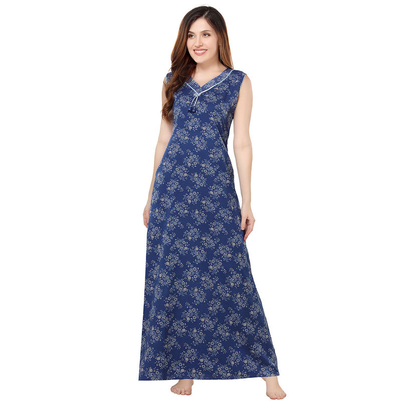 PIU Womens Premium Cotton Sleeveless Nightdress Blue (M)
