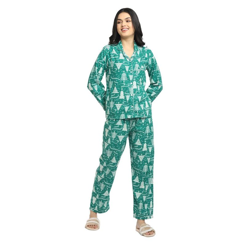 Shopbloom Green Tree Cotton Flannel Long Sleeve Women'S Night Suit (L)