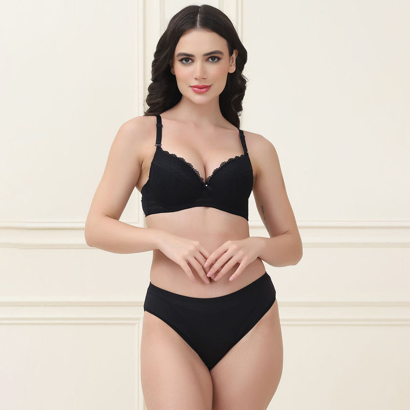 PrettyCat Lightly Padded T-Shirt Bra Panty with Sexy Trim Lace Black (Set of 2) (32C)