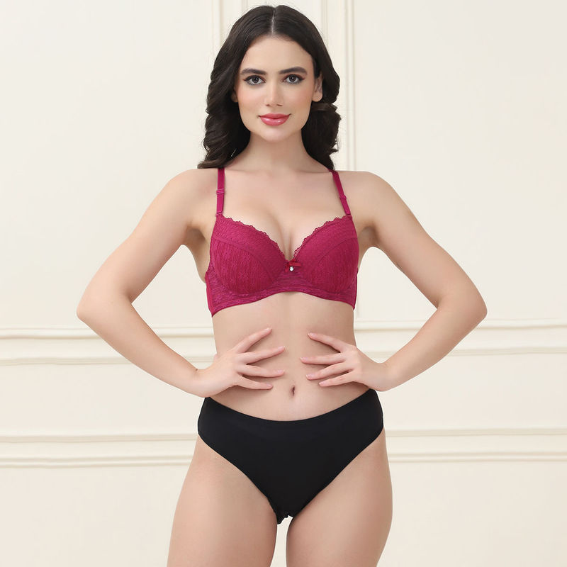 PrettyCat Lightly Padded T-Shirt Bra Panty with Sexy Trim Lace Maroon (Set of 2) (36B)