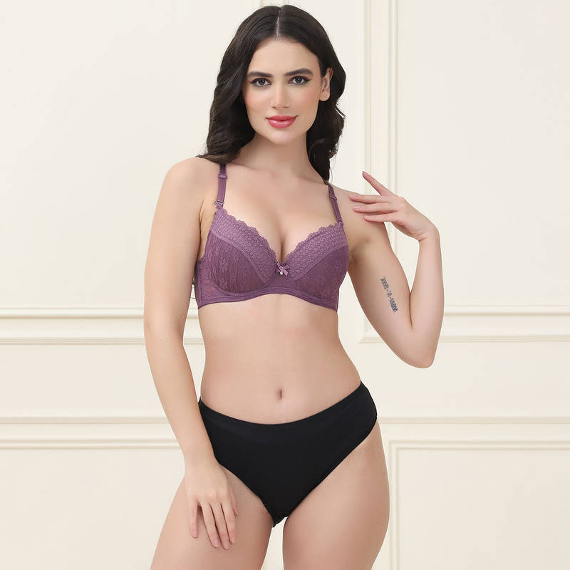 PrettyCat Lightly Padded T-Shirt Bra Panty with Sexy Trim Lace Purple (Set of 2) (32B)