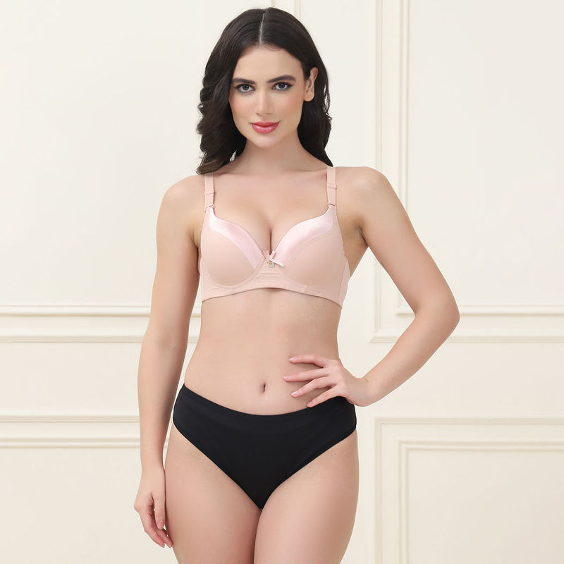 PrettyCat Lightly Padded T-Shirt Bra Panty for Women Beige (Set of 2) (32B)