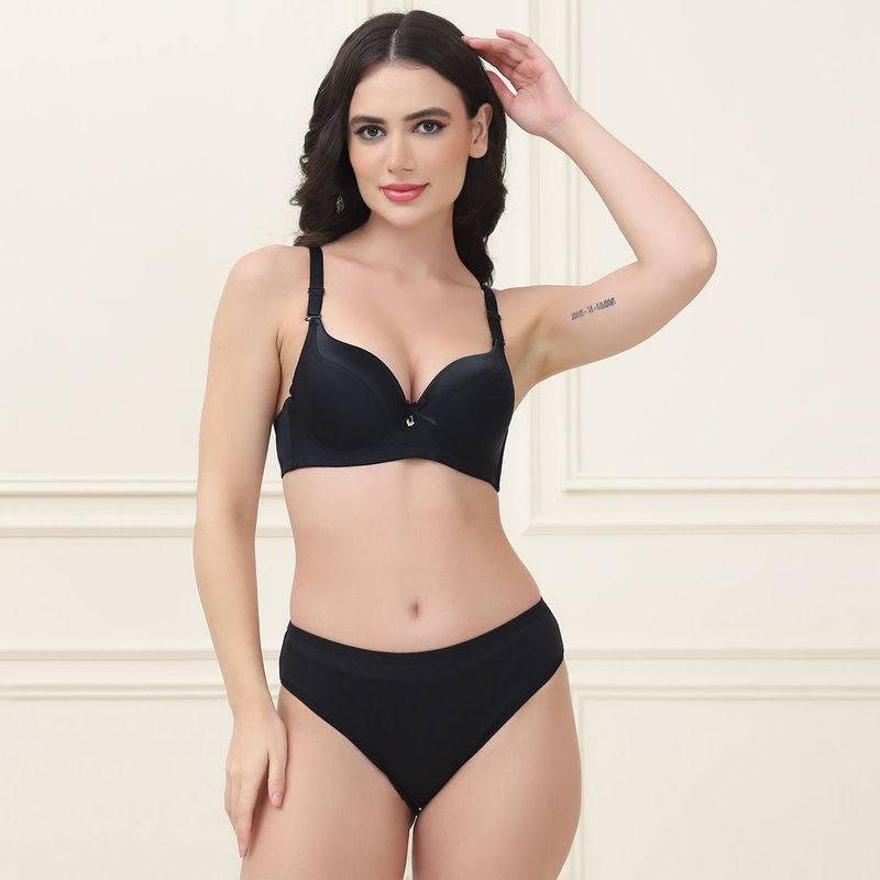 PrettyCat Lightly Padded T-Shirt Bra Panty for Women Black (Set of 2) (32B)