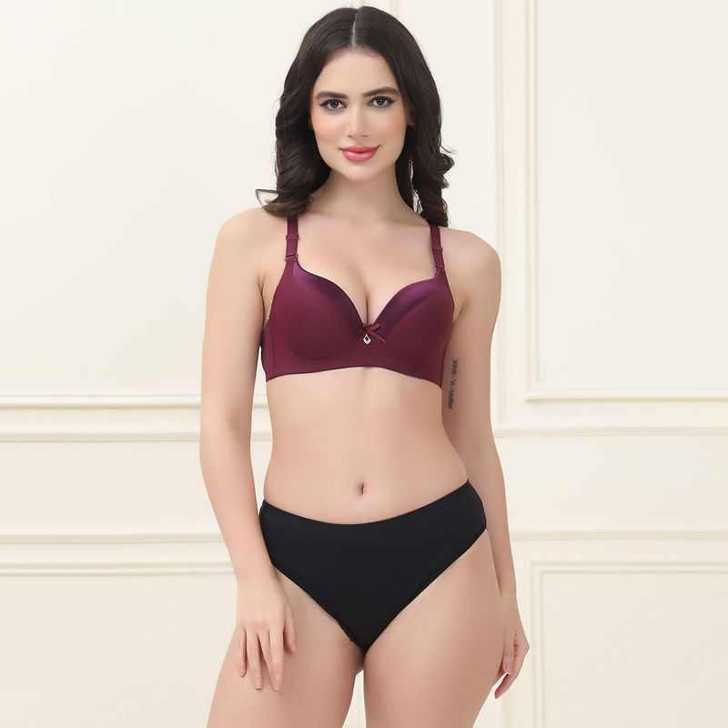 PrettyCat Lightly Padded T-Shirt Bra Panty for Women Wine (Set of 2) (34C)