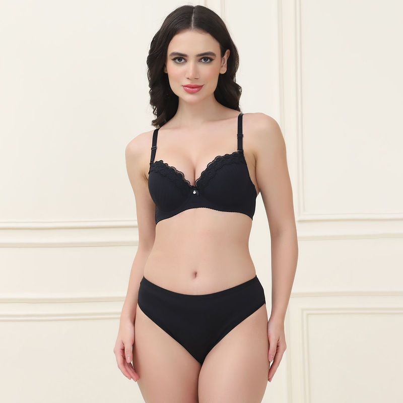 PrettyCat Lightly Padded T-Shirt Bra Panty with Sexy Trim Lace Black (Set of 2) (36B)