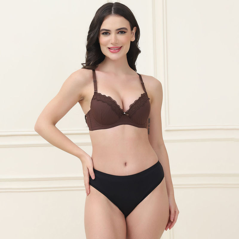 PrettyCat Lightly Padded T-Shirt Bra Panty with Sexy Trim Lace Bronze (Set of 2) (32C)
