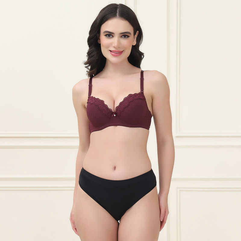 PrettyCat Lightly Padded T-Shirt Bra Panty with Sexy Trim Lace Brown (Set of 2) (34C)