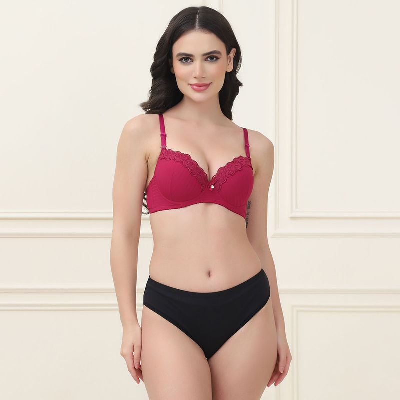PrettyCat Lightly Padded T-Shirt Bra Panty with Sexy Trim Lace Maroon (Set of 2) (32C)