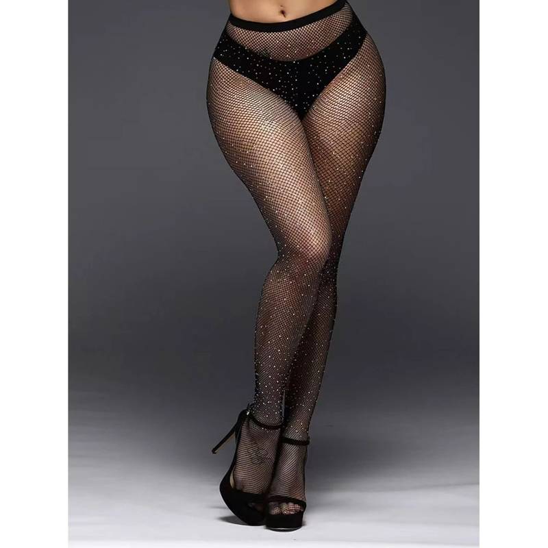 BRACHY Fishnet Stockings Rhinestone High Waist Sparkly Tights For Women Black (XL)