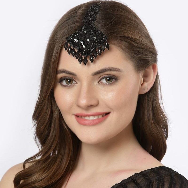 Moedbuille Black Beads Sequins & Pearls Studded Handcrafted Maang Tikka