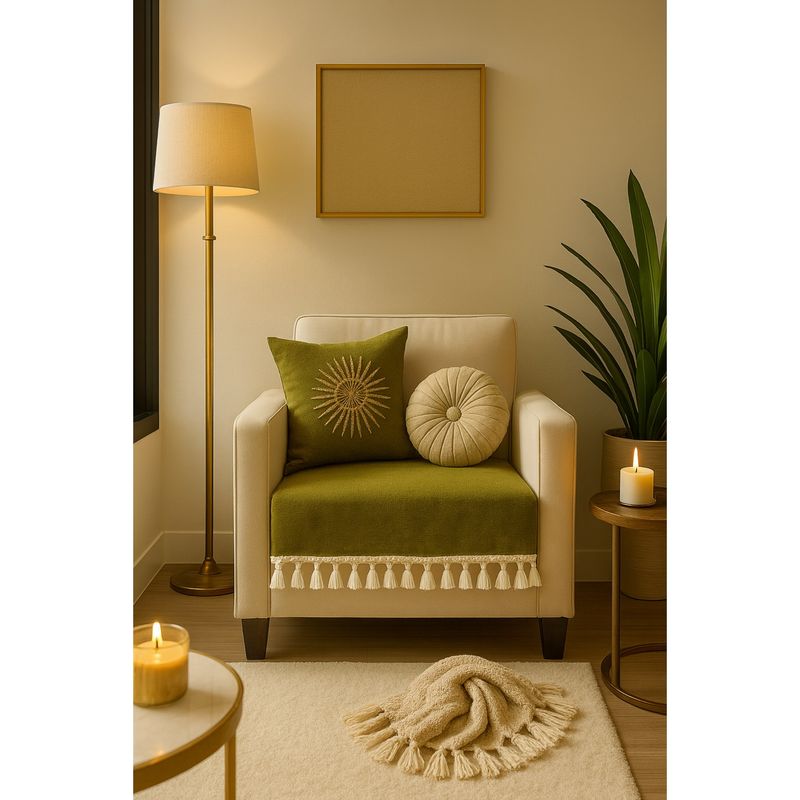 THROW PILLOW Olive Green With Small Tassel Trim Lace Sofa Cover (1 Seater)